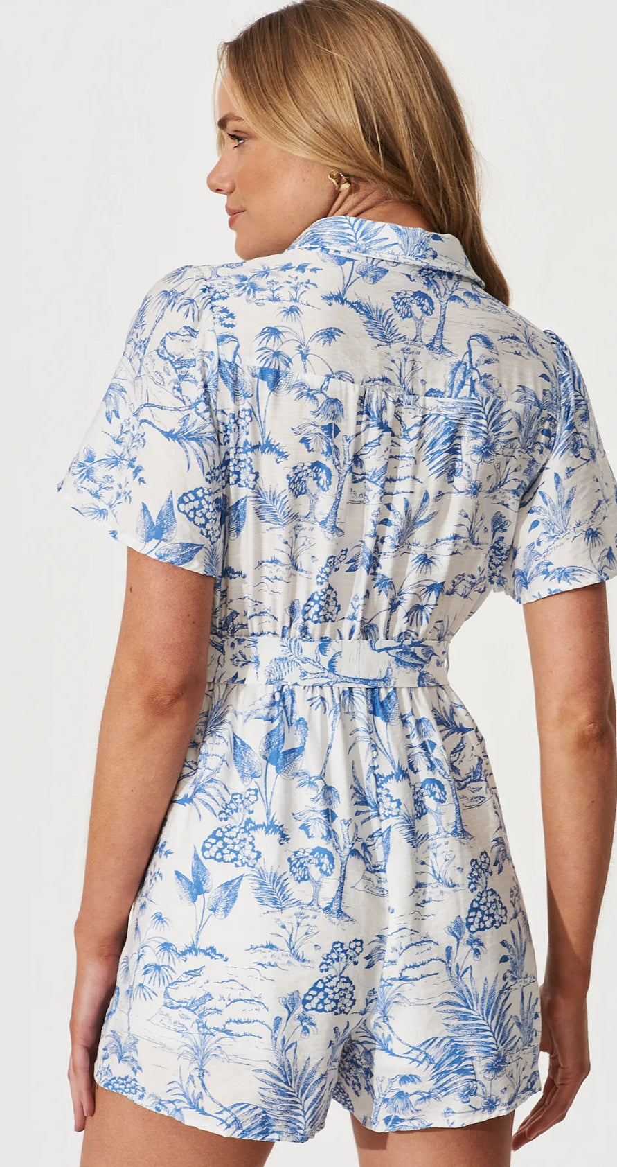 ‘Remy’ playsuit in blue tropics print