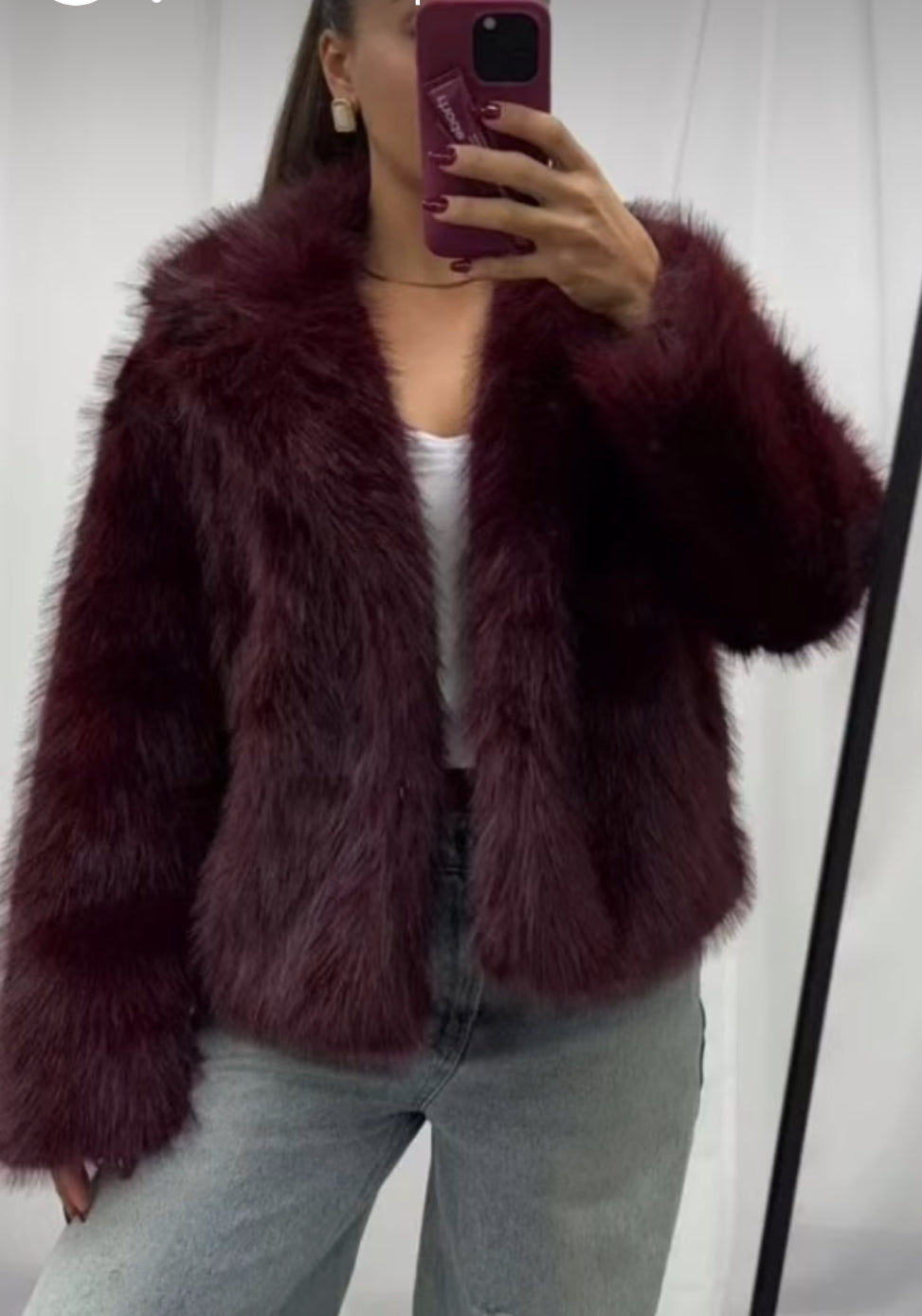 ‘Rania’ wine faux fur coat