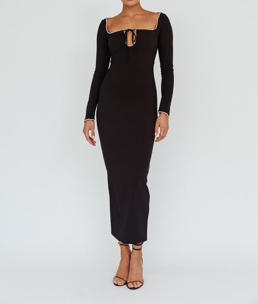 long sleeve black maxi evening dress with pearls