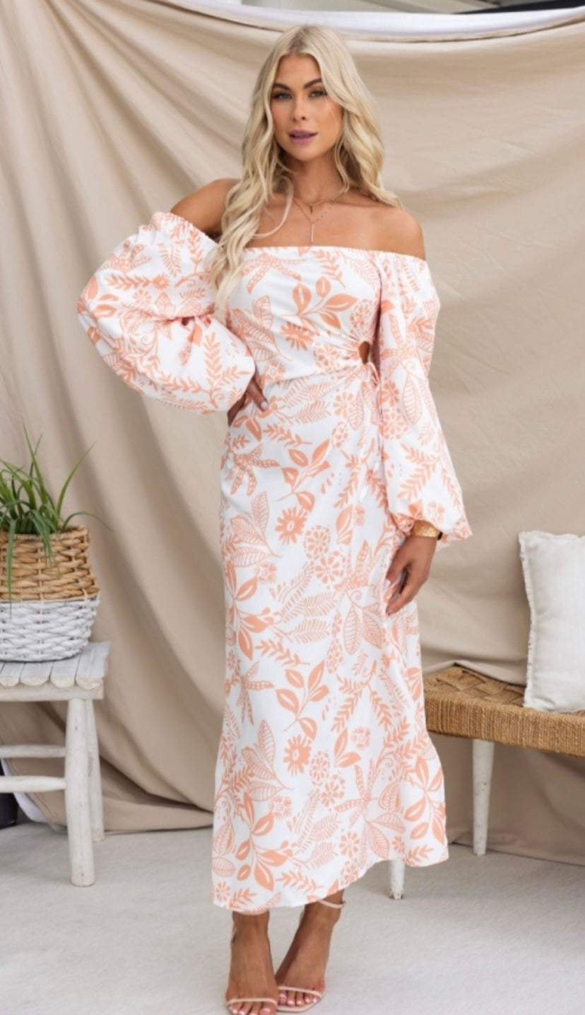 off the shoulder brown print maxi dress cocktail evening dress floral print