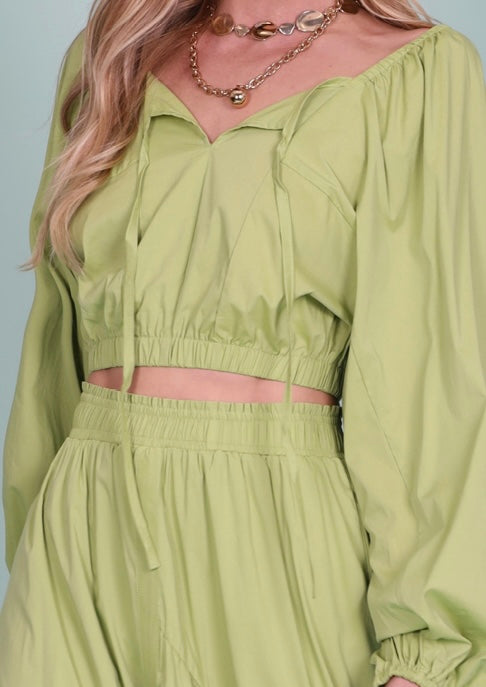 off the shoulder cotton top green lime avocado with ties stretch