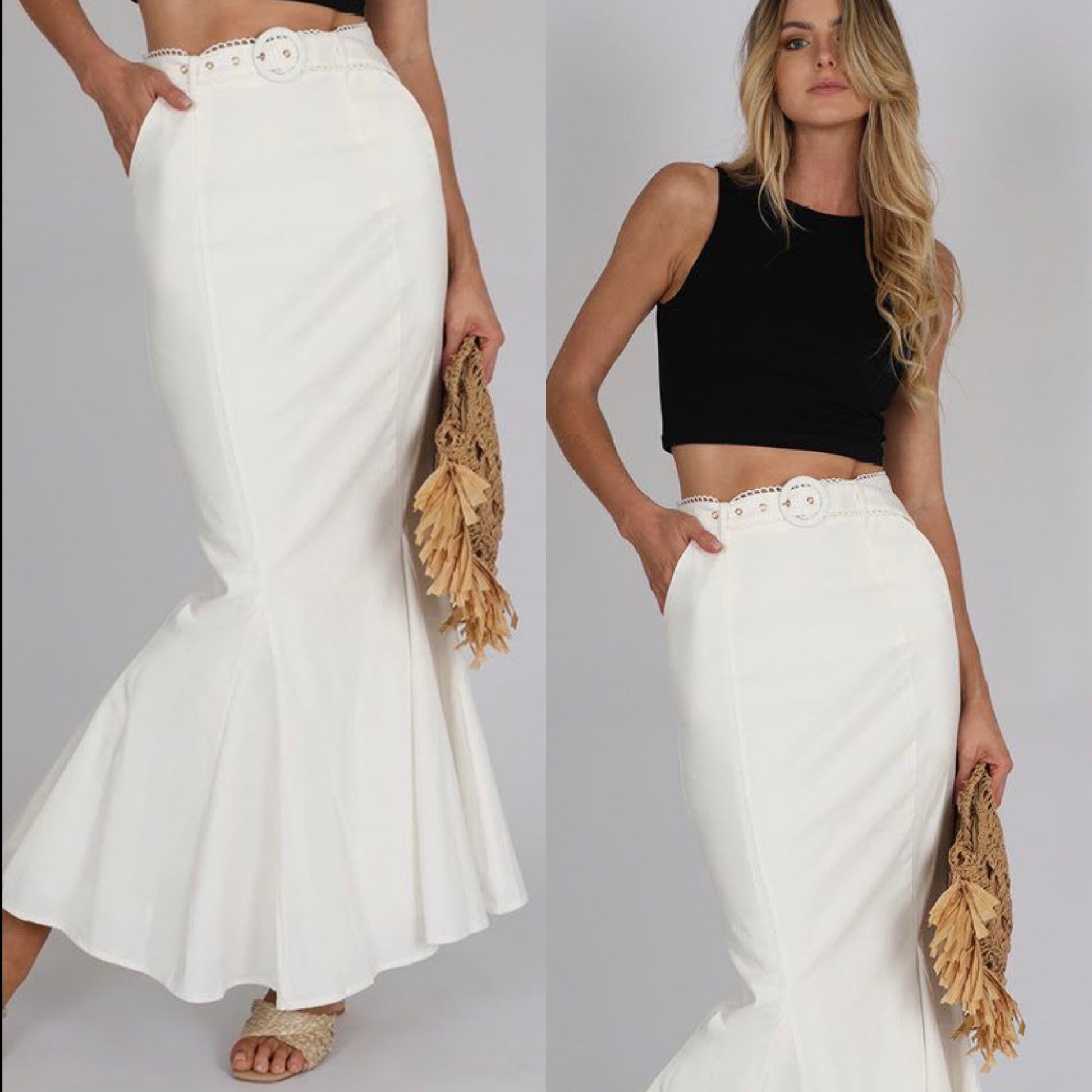 white mermaid style skirt fitted with belt 